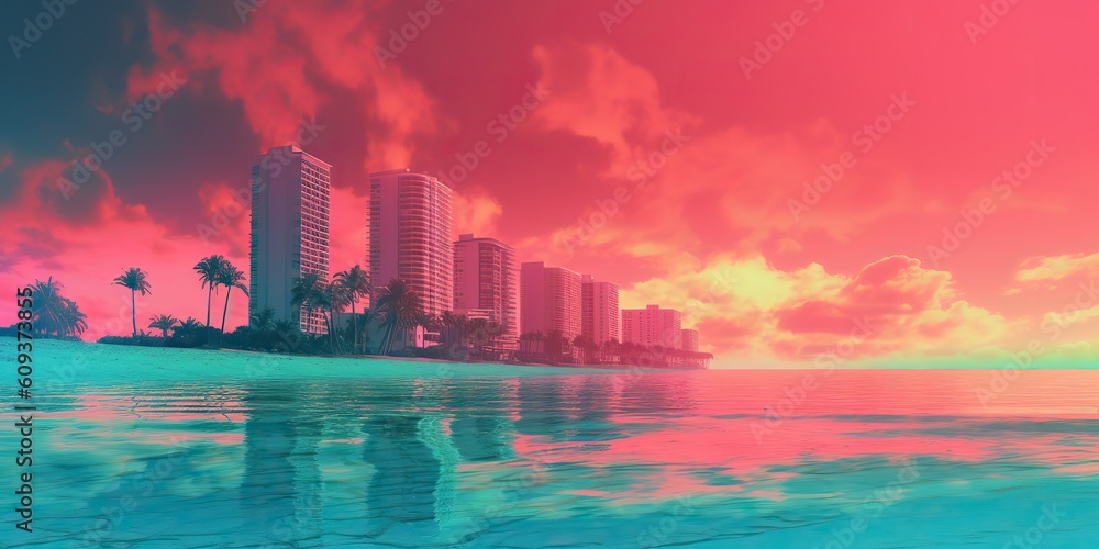 Obraz premium AI Generated. AI Generative. Old vintage cyberpunk vapor wave synthwave miami vice florida tropical landscape. Graphic Art
