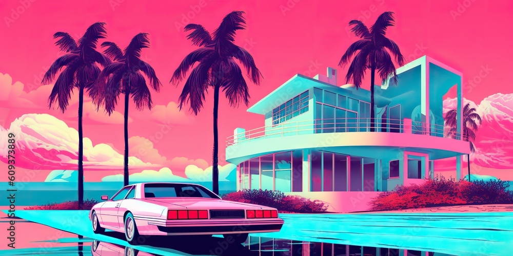 Fototapeta premium AI Generated. AI Generative. Old vintage cyberpunk vapor wave synthwave miami vice florida tropical landscape. Graphic Art