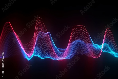 3d render, red blue wavy neon lines, electronic music virtual equalizer, sound wave visualization, ultraviolet light abstract background, Generative AI