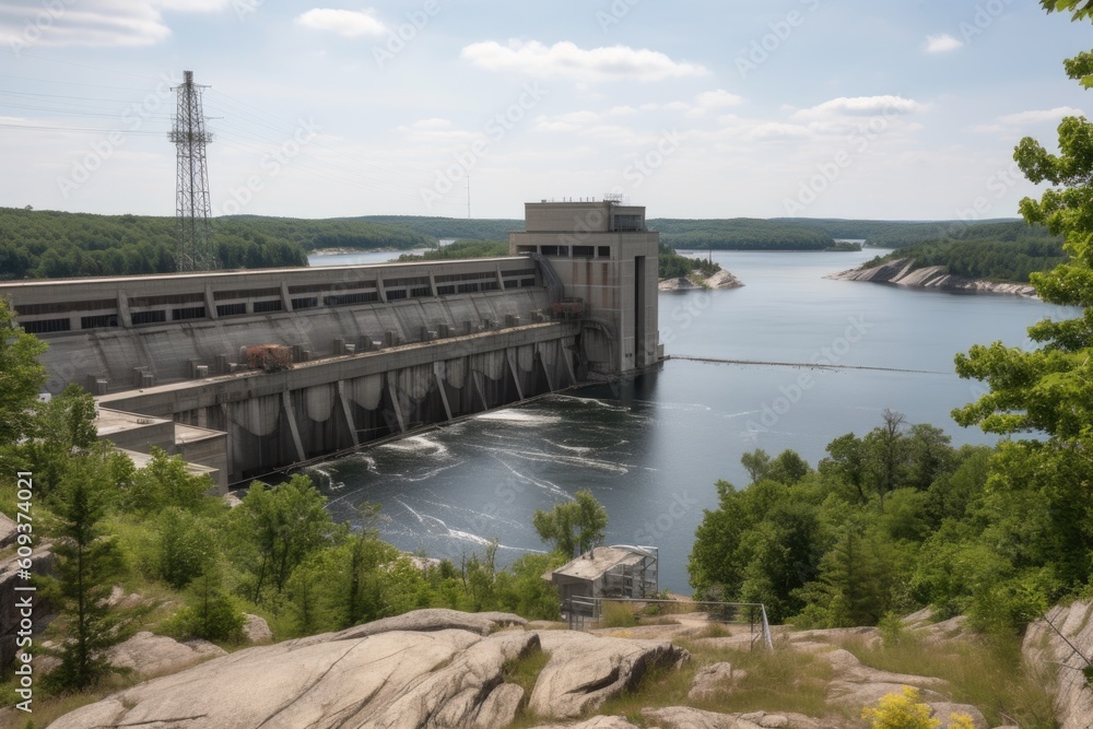 view of hydroelectric power plant, with dam and reservoir in the background, created with generative ai
