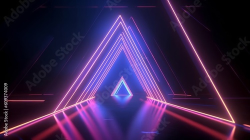 3d render, abstract geometric background with neon triangle. Laser linear shape glowing in the dark, Generative AI