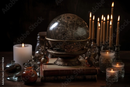 magic crystal ball, surrounded by candles and incense sticks for a calming scentsation, created with generative ai photo