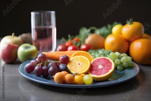 plate of colorful fruits and vegetables, with glass of water nearby, created with generative ai