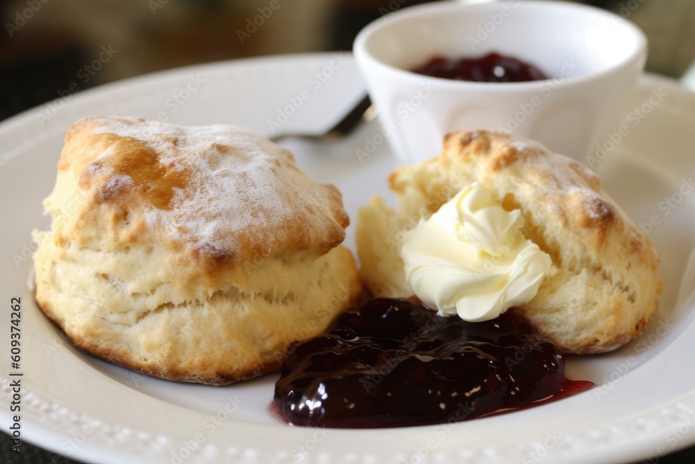classic scones, drizzled with clotted cream and jam, created with generative ai classic scones, drizzled with clotted cream and jam, created with generative ai