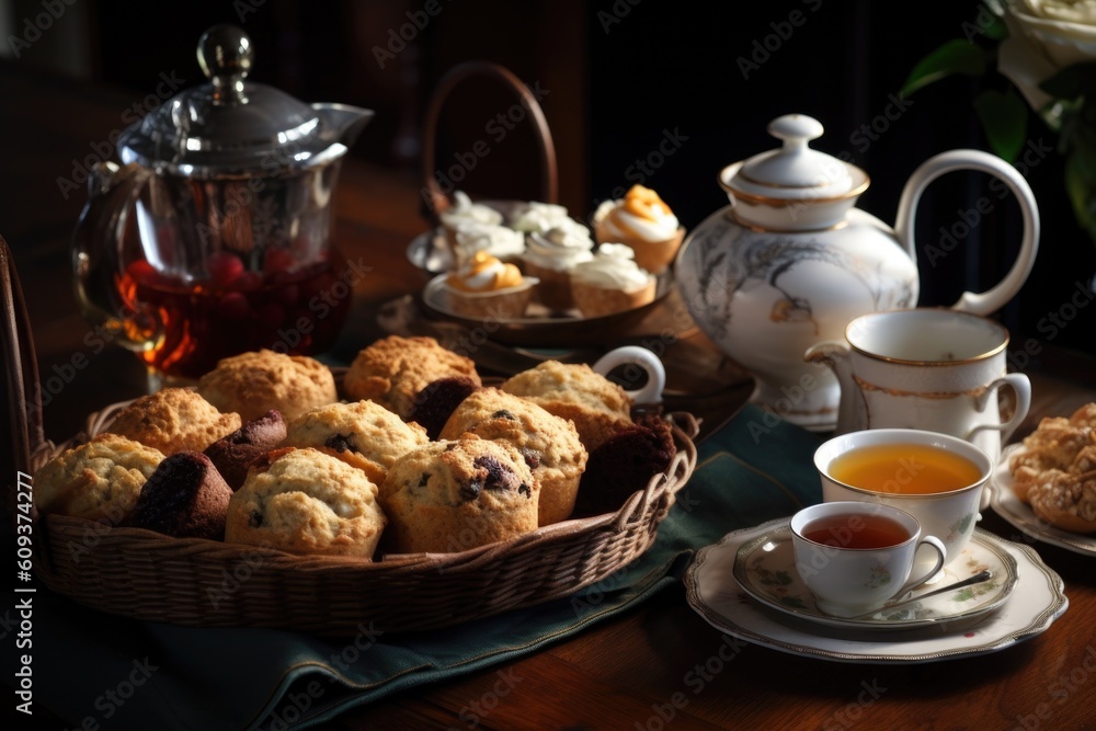 a classic tea tray with scones, muffins, and dainty teacups, created with generative ai