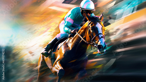 Step into the thrilling world of horse riding as a jockey guides their racing horse through the derby, Generative AI photo