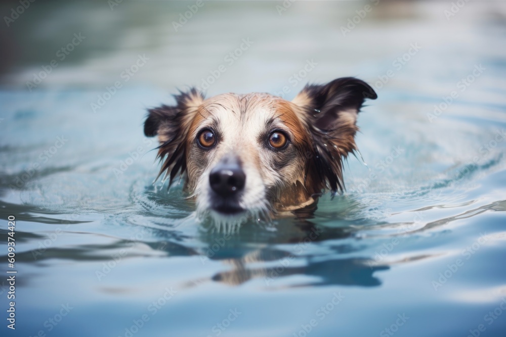 portrait of happy dog swimming in pool, with its head above the water, created with generative ai