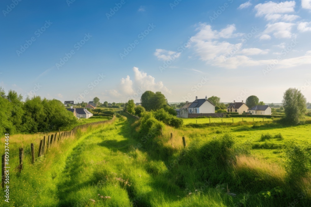 rural village with clear blue sky, surrounded by green fields and pastures, created with generative ai