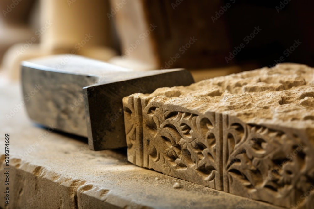 close-up of carving tool slicing through stone block, created with generative ai close-up of carving tool slicing through stone block, created with generative ai