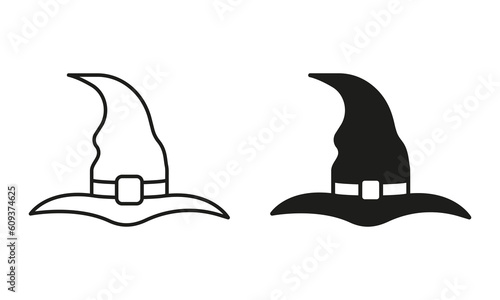 Witch Hat for Halloween Line and Silhouette Black Icon Set. Wizard Magic Pointy Cap for Party 31 October Pictogram. Halloween Accessory for Magician Symbol Collection. Isolated Vector Illustration