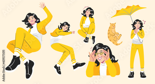A Happy Yellow Outfit Girl Illustration Called Merry 5 Vectors Bonus With One Cat Vector © Adinda Prima