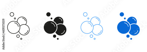 Soap, Foam, Fizzy Drink Black and Blue Pictogram. Water Bubbles Line and Silhouette Icon Set. Effervescent Champagne, Clear Soda, Aquarium Sphere Drops Symbol Collection. Isolated Vector Illustration