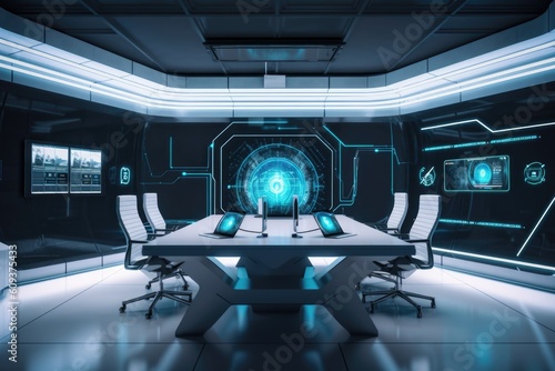 high-tech conference room with sleek and futuristic furniture, gadgets, and tools for virtual meetings, created with generative ai