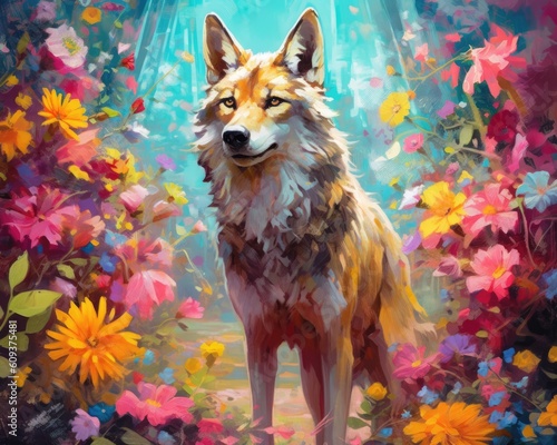 wolf standing amidst a forest filled with vibrant flowers and magical elements, emphasizing the enchantment and allure of the natural world 