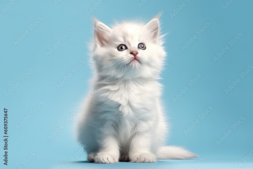 Fluffy white kitten on light blue background with copy space. Generative AI