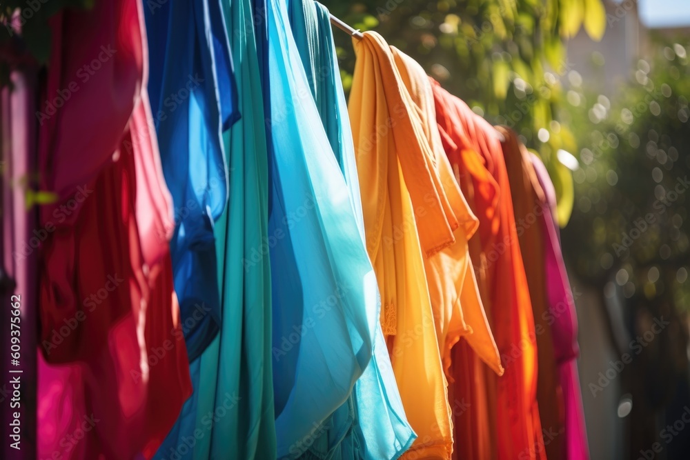 brightly colored clothes fluttering in the breeze on a sunny day, created with generative ai