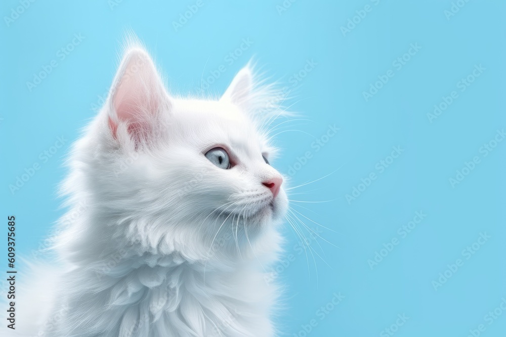 Fluffy white kitten on light blue background with copy space. Generative AI Fluffy white kitten on light blue background with copy space. Generative AI