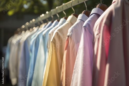 a row of freshly-washed shirts, fluttering in the breeze, created with generative ai