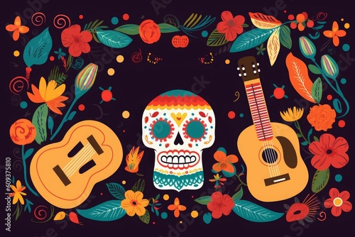 Beautiful illustration with design  for Mexican holiday 5 may Cinco De Mayo. template with traditional Mexican symbols  Mexican guitar  flowers  red pepper  Generative AI