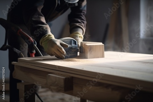 professional carpenter, sawing and sanding wooden board, close-up, created with generative ai