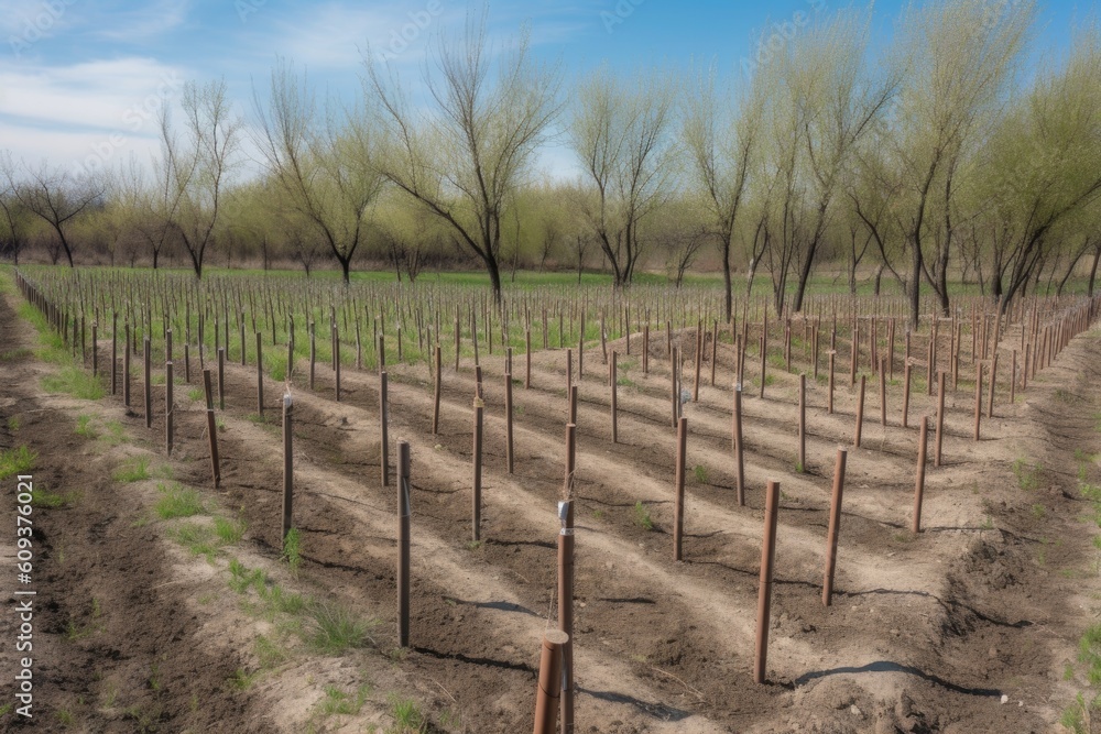reforestation project with clear planting lines and stakes in newly planted trees, created with generative ai reforestation project with clear planting lines and stakes in newly planted trees, created with generative ai