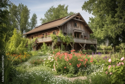 rustic barn surrounded by lush trees and blooming flowers, perfect for a wedding venue, created with generative ai