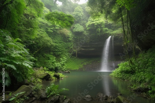 peaceful waterfall surrounded by lush greenery and mist  created with generative ai