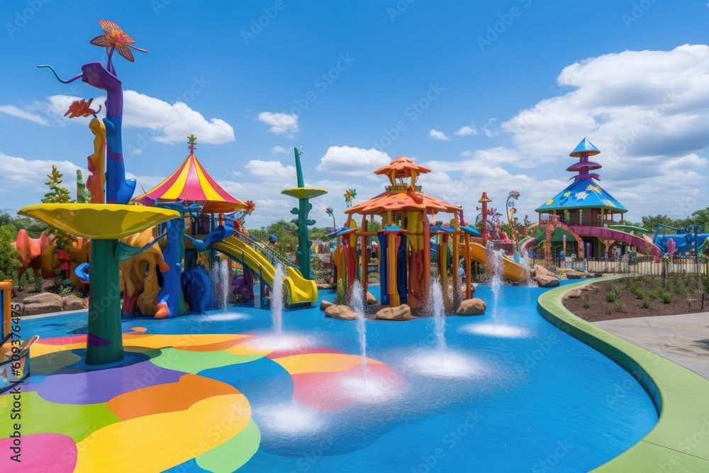water park with colorful and whimsical slides, waterfalls, and fountains, created with generative ai