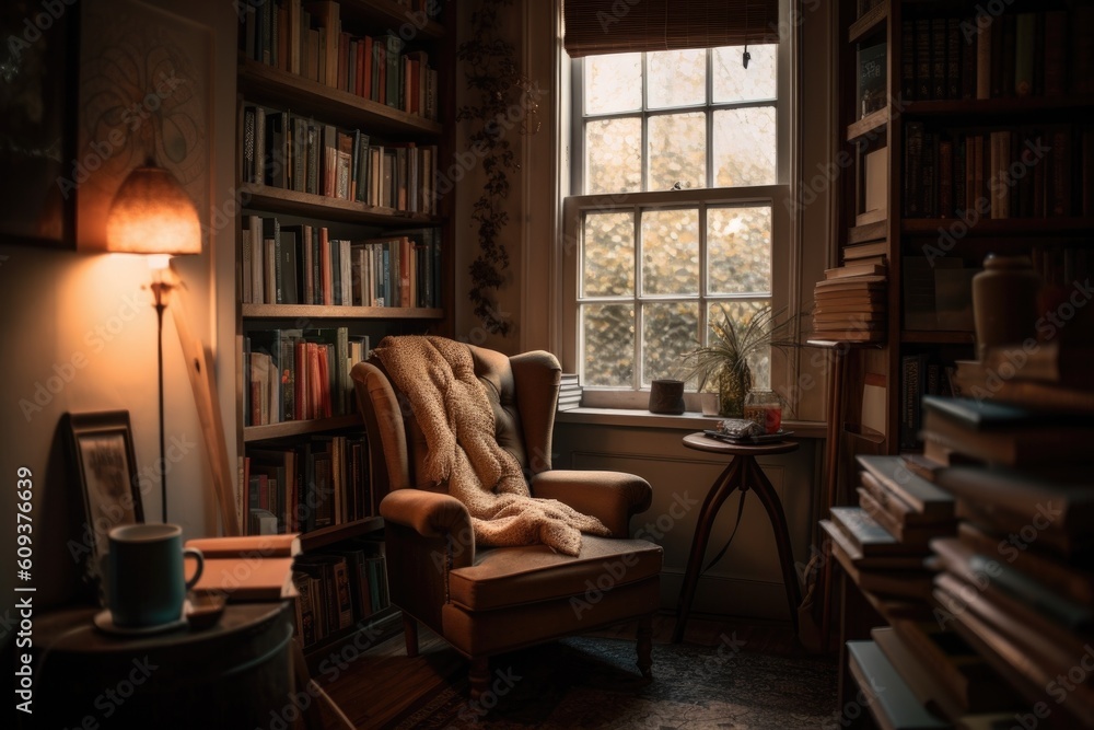 cozy reading nook with armchair and stack of books for rainy day escape ...