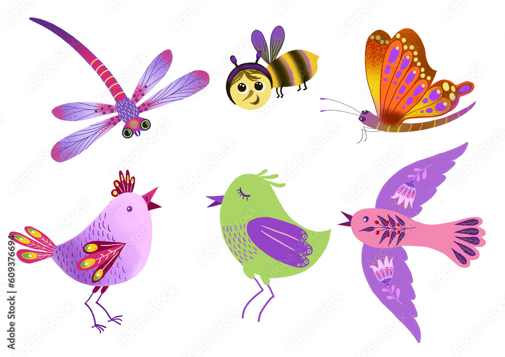 set of birds and insects,flat illustration 