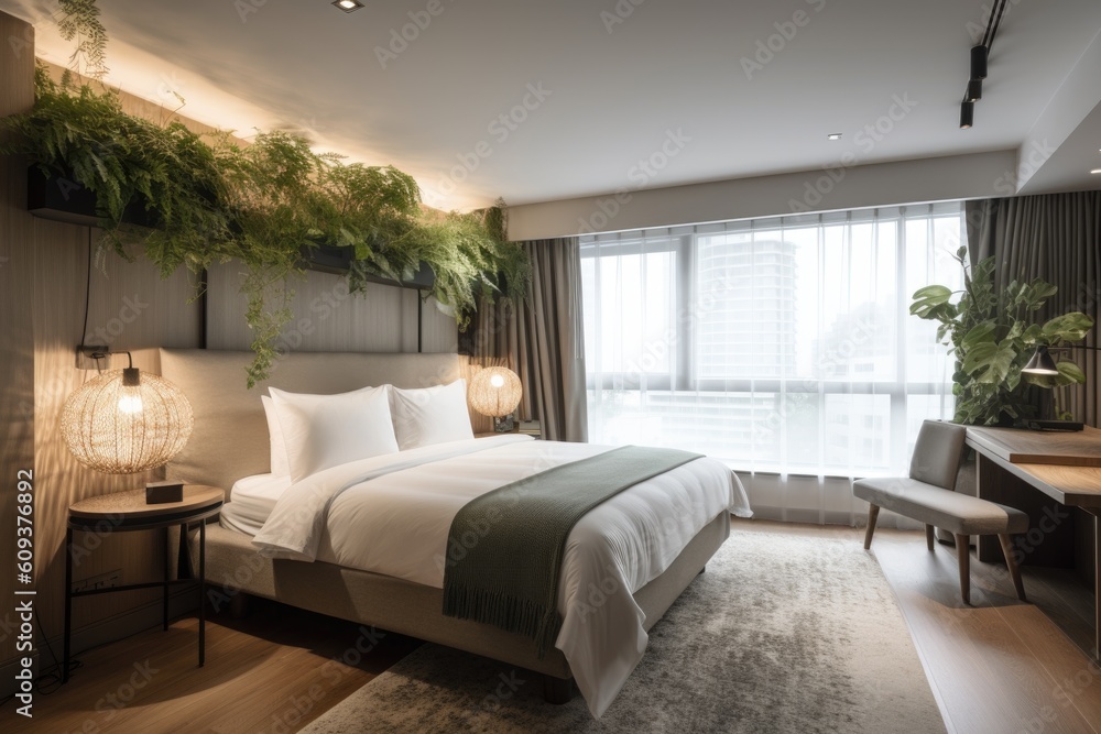 luxurious hotel room, with indoor plants and greenery creating a serene and tranquil atmosphere, created with generative ai