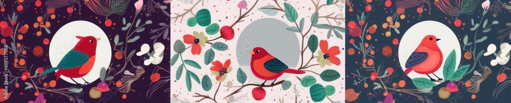 Collection of Christmas illustrations with bullfinch and leaves, Generative AI