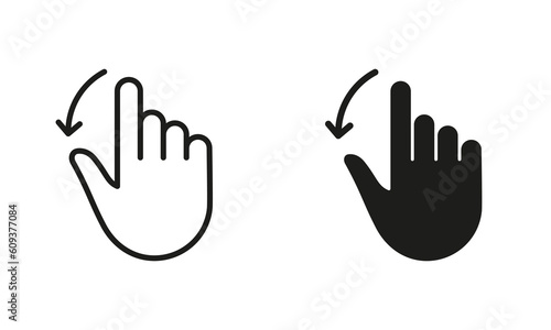 Hand Finger Drag Down Line and Silhouette Black Icon Set. Pinch Screen, Swipe and Rotate Touch Screen Pictogram. Gesture Slide Down Symbol Collection on White Background. Isolated Vector Illustration