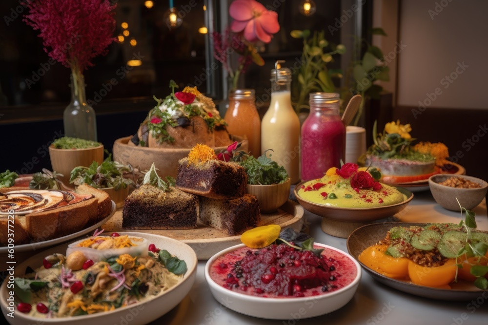 vegan bistro, with a variety of plant-based dishes and desserts on offer, created with generative ai