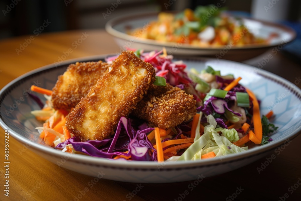 plate of crispy fried tofu, paired with colorful vegetable slaw, created with generative ai plate of crispy fried tofu, paired with colorful vegetable slaw, created with generative ai