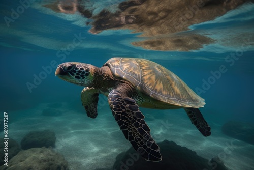 a sea turtle swimming underwater  its flippers and shell visible  created with generative ai