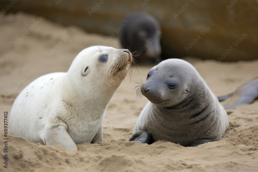 Fototapeta premium seal pup scratching its neck, while another seal pup looks on, created with generative ai