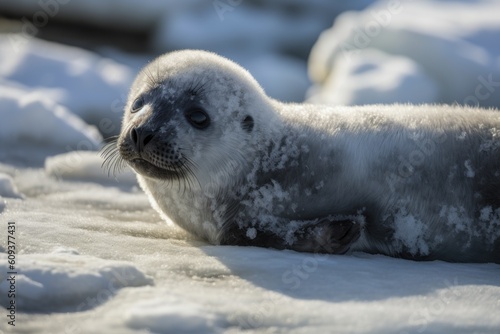 seal pup basking in the sun, surrounded by ice and snow, created with generative ai