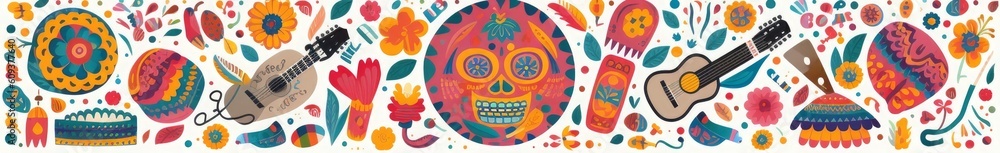 Beautiful illustration with design for Mexican holiday 5 may Cinco De Mayo. template with traditional Mexican symbols skull, Mexican guitar, flowers, Mexican, Generative AI