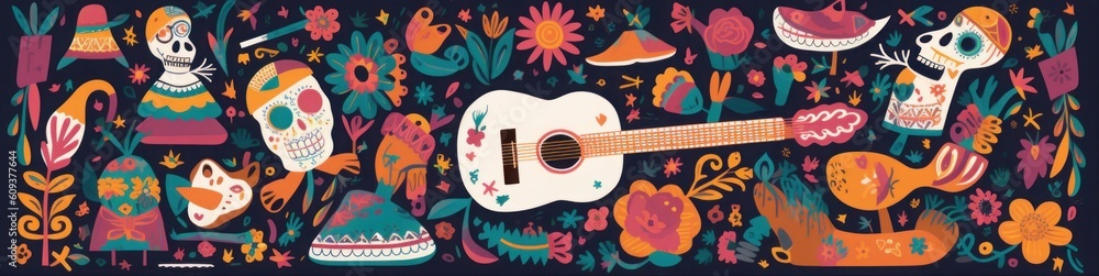 Beautiful illustration with design for Mexican holiday 5 may Cinco De Mayo. template with traditional Mexican symbols skull, Mexican guitar, flowers, Mexican, Generative AI