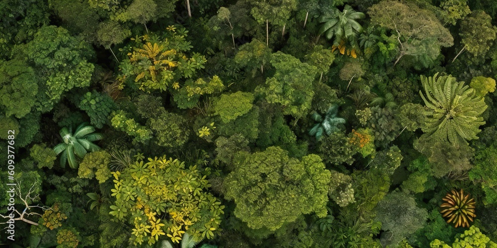 Naklejka premium AI Generated. AI Generative. Green fresh amazon tropical top drone view landscape plant wall decoration. Graphic Art