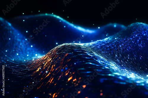 Close up of network line of connecting stream with wave of particles representing information technology on dark background. AI generative. photo