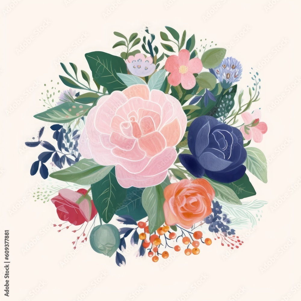 Beautiful flower illustration with roses, leaves, floral bouquet. Card with flowers, Generative AI