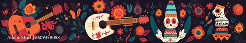Beautiful illustrations with design for Mexican holiday 5 may Cinco De Mayo. template with traditional Mexican symbols skull  Mexican guitar  flowers  red pepper. Mexico  Generative AI