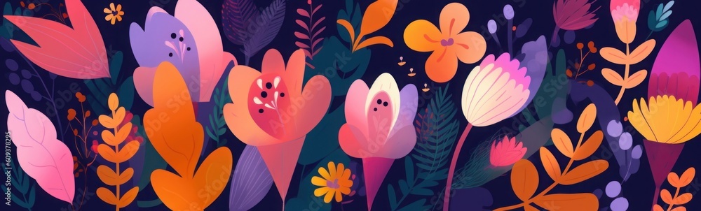 Beautiful spring illustration with flowers, leaves. Bright spring abstract background, Generative AI