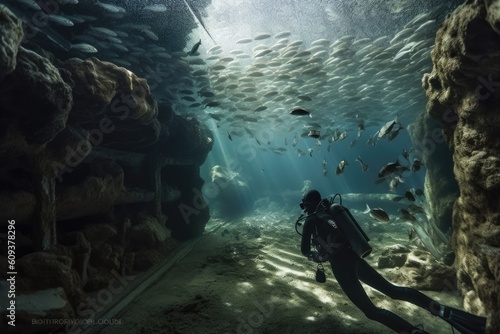 diver exploring underwater cave  with schools of fish swimming by  created with generative ai