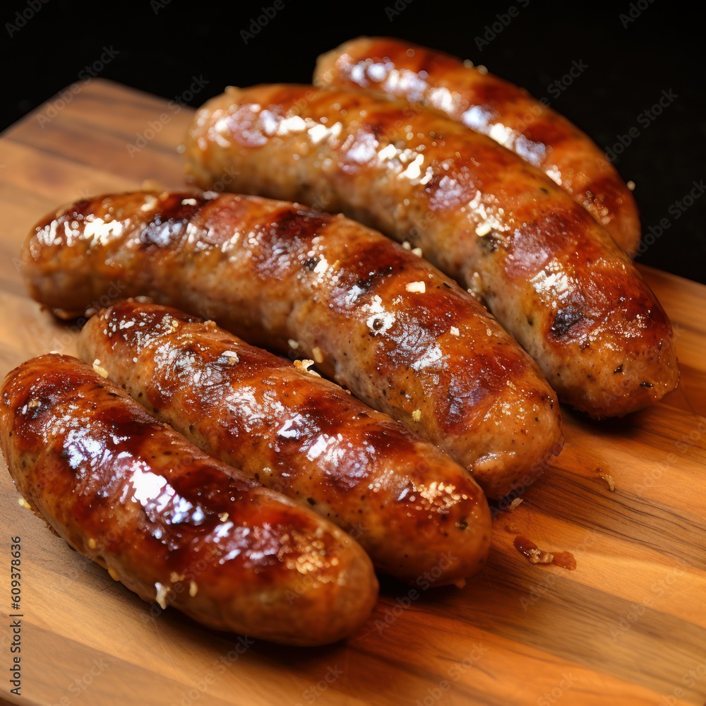 Sautéed pork sausages on a board. Generative AI Sautéed pork sausages on a board. Generative AI