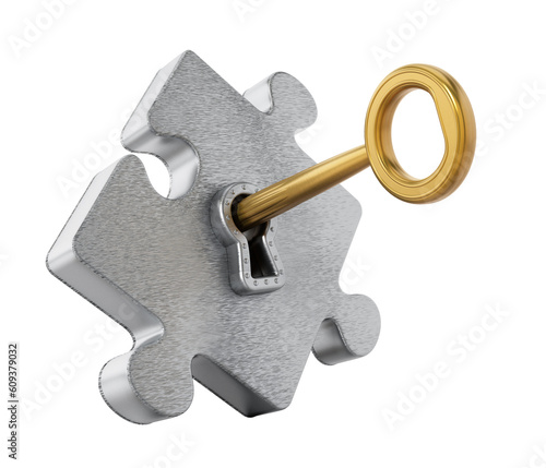 Tablou pe pânză Golden key unlocking metallic puzzle piece on transparent background