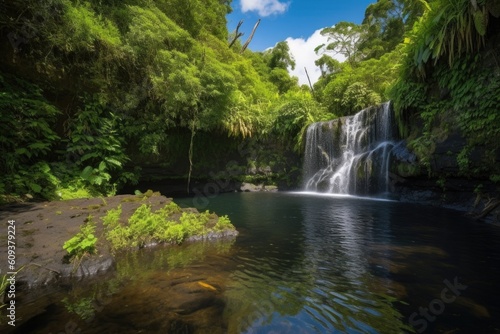 cascading waterfall surrounded by lush vegetation and clear blue skies  created with generative ai
