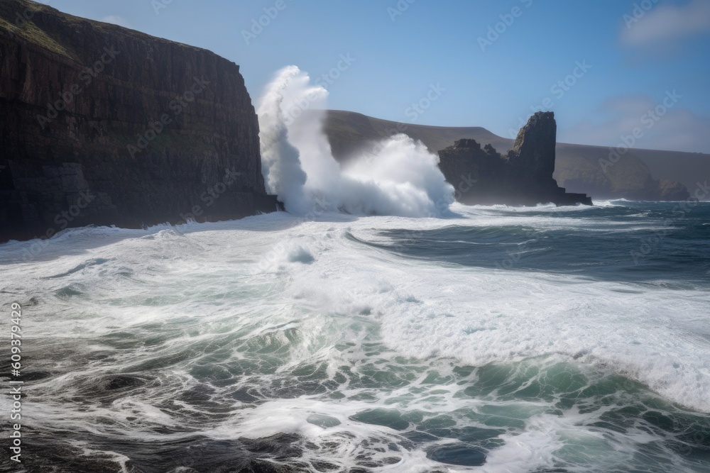 sea waves crashing against rocky shoreline, with towering cliffs in the background, created with generative ai